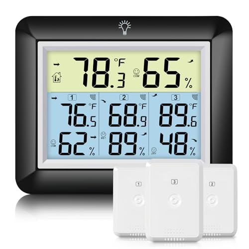 Urageuxy Wireless Indoor Outdoor Thermometer with 3 Sensors, 4-Area Temperagure/Humidity Monitor for Home, Multi-Room Weather Station with 328ft Range for Nursery, Greenhouse, Patio - color: Black