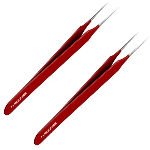 Ingrown Hair Tweezers | Pointed Tip | Red | 2 Pack | Precision Stainless Steel | Extra Sharp and Perfectly Aligned for Ingrown Hair Treatment & Splinter Removal For Men and Women | By Tweezees - size: 2 Pack