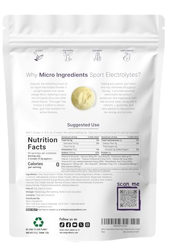 Micro Ingredients Electrolytes Powder, 2 lbs | 95 Servings | Sugar Free Workout Hydration | Potassium, Sodium, L-Glutamine, Beta-Alanine, & More | Natural Coconut Water | Passion Fruit & Citrus Flavor
