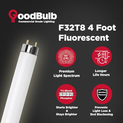 GoodBulb F32T8/835/ECO 32W 48 Inch T8 Fluorescent Light Bulb, 3500K Soft White Medium Bi-Pin Base, 3050 Lumens 86 CRI 24000 Life Hours, Instant/Programmed Start (25 Pack) - color: 3500k