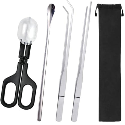 Stainless Steel Reptile Feeding Kit - Tweezers, Spoon, Clamp & Storage Bag - Long Handle Terrarium Feeding Tool for Lizards, Geckos, Spiders & Snakes