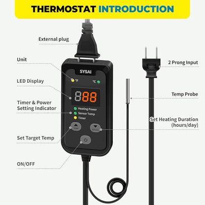 SYSAI Temperature Controller for Reptile Tank, Heat Mat, Seed Germination, Greenhouse, Brooder, Home Brewing, 100W-1A, Digital Thermostat, °F/°C Display, 60-94°F