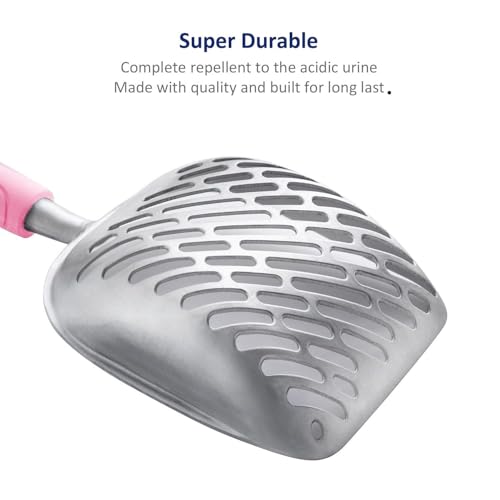 WePet Cat Litter Scoop, Aluminum Alloy Sifter, Kitty Metal Scooper, Deep Shovel with Diagonal Sifting Hole, Long Handle, Kitten Poop Lifter for Litter Box, Medium Size, Pink Handle - color: #10 Pink, size: Medium