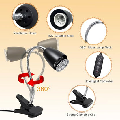 Reptile Heat Lamp with 2Pcs 50W UVA UVB Bulb, Turtle Heater Light with 360 Rotatable Basking Light with Clamp and Cycle Timer for Turtle Lizard Snake Amphibians
