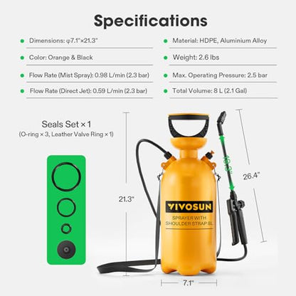 VIVOSUN 2.1Gal/8L Pump Pressure Sprayer, Pressurized Water Spray Bottle with Adjustable Shoulder Strap, Adjustable Nozzle, Safety Valve & Additional Seals, Ideal for Watering, Fertilizing, Cleaning - size: 2.1 Gallon / 8 Liter