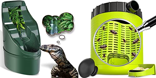 Reptile Feeding Kit - Green Plastic Cricket Keeper & Water Feeder for Lizard, Bearded Dragon, Chameleon, Gecko