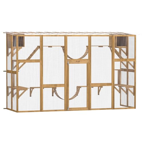 PawHut Catio Outdoor Cat Enclosure Window, Outdoor Cat House with Weather Protection Roof for Multiple Kitties, Wooden Frame, Shelves & Bridges, 118" x 37.5" x 74", Yellow - color: Yellow