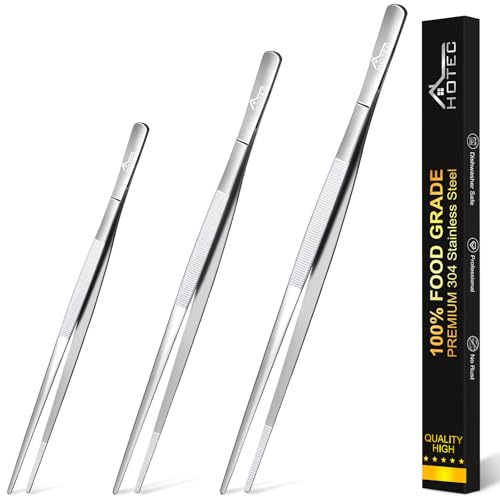 HOTEC Kitchen Tweezers Tongs Stainless Steel Professional Chef Tweezers, Set of 3-6.3", 10" and 12inch Food Tongs for Cooking, Repairing, Dessert, BBQ, Meat, Pasta, Silver - color: Silver, size: 3PCS: 12, 10 & 6.3 Inch Pointed tips