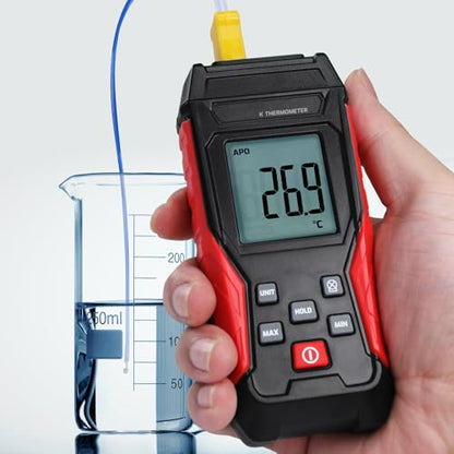Digital K Type Thermometer with Two Thermocouple Probes, -328°F~2501°F Single Channel Thermocouple Thermometer HVAC Temperature Meter with Backlit LCD Display Max/Min, Data Hold