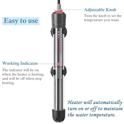 HITOP 100W Adjustable Aquarium Heater, Submersible Fish Tank Heater Thermostat with Suction Cups for 12-30Gal - size: 8.8in-100w