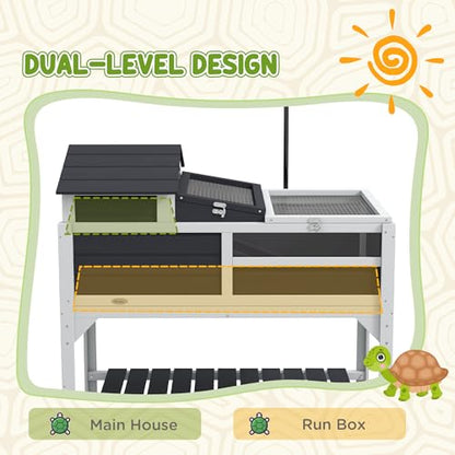 PawHut Tortoise Habitat with Adjustable Lamp Holder, 2 Layer Tortoise Enclosure with Storage Shelf, Removable Main House, Fixed Tray, Openable Lid, Gray - color: Gray