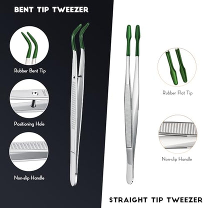 2 Piece Tweezers with Rubber Tips Set - Bent and Straight Flat Tips Tweezers PVC Coated for Stamp Coins Jewelry Crafts, Electronics(Silver, Green) - color: Silver, Green