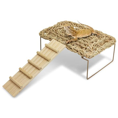 Fhiny Bearded Dragon Lounger with Wooden Ladder, Reptile Bed with Metal Legs Seagrass Hammock for Reptile, Tank Accessories Decor for Lizards Leopard Gecko Snake Hermit Crab Frog