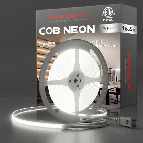 Shine Decor COB LED Rope Light AC 120V, 800lm Ultra Bright, IP65 Waterproof Cold-Resistant ETL Neon Strip, No Driver Tape Lighting for Home Commercial 10x4.5mm, 6000K Cool White, 16.4ft - color: 6000K Cool White, size: 16.4 ft