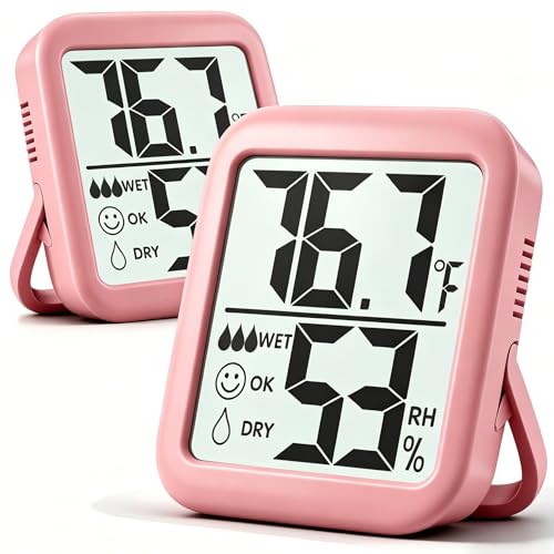 Antonki 2 Pack Room Thermometer for Home, Hygrometer Indoor Humidity Meter Gauge, Digital Temperature and Humidity Monitor Sensor for House, Terrarium, Incubator, Greenhouse - Battery Included - color: 2 Pcs* Pink
