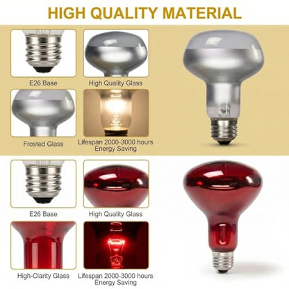 150W Reptile Heat Lamp, 2 Pack Day & Night Basking Lamp Combo, UVA Daylight Heat Bulb & Infrared Red Night Heating Light, Terrarium Heat Lamps for Reptiles, Bearded Dragon, Lizard, Chicken
