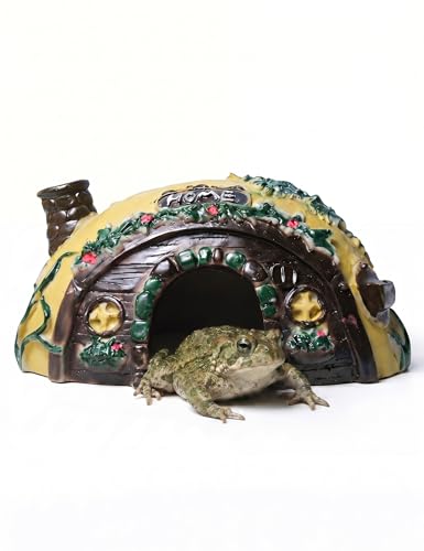 Resin Toad House Reptile Hideout Cave for Frogs Snakes | yellow brown half ellipsoid rock, durable habitat decor for garden indoor pet tanks, easy to clean open bottom shell