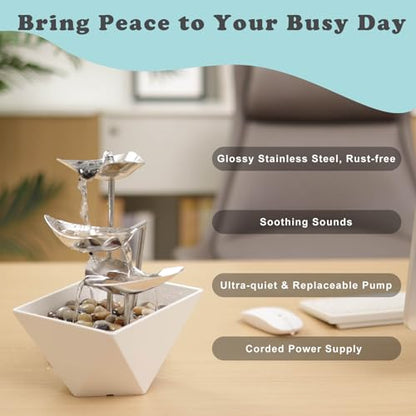 Tabletop Water Fountain Indoor - Handcrafted 3-Tier Waterfall 304 Metal | Easy "+" "-" On/Off Switch, Quiet Pump, Zen Relaxation for Office, Living Room, or Bedroom, Durable Desktop Fountain - color: White
