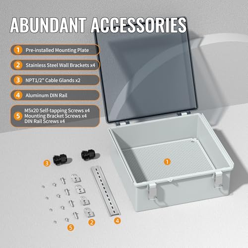Joinfworld Outdoor Waterproof Electrical Box 13x13x5 with Clear Cover | IP67 water&UV proof box, 304 stainless latch, durable plastic, plate&rail, wall/freestand for marine, solar, Starlink & more - size: 13"x13"x5" Clear