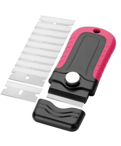 Bates- Razor Blade Scraper, Pink, Locking Razor Scraper Set with 10 Extra Stainless Steel Blades, Window Scraper, Scraper Tool, Glass Scraper, Scraper Blades, Paint Scraper Blade Scraper for Cleaning - color: Pink