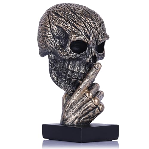 Black and Gold Speak No Evil Skull Sculpture – Gothic Halloween Figurine for Shelf or Desk, Resin Bronze Skeleton Statue for Goth Weird Home Decor, Dark Academia Office Spooky Accent