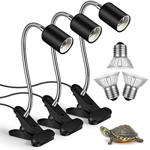 3 Set Reptile Heat Lamp UVA/UVB Turtle Heat Lamp Holder Fixture Clamp Basking Spot Adjustable 50w Full Spectrum Sun Sunbathe Bulb for Turtle Lizard Bearded Dragon Snake Aquarium Amphibian(Black) - color: Black