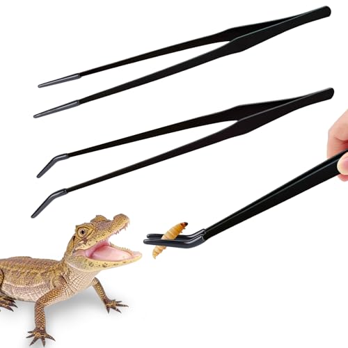 2 Pack Stainless Steel Reptile Feeding Tongs with Rubber Tip, 15" Straight & Curved Tweezers, for Aquarium or Craft, Planted Tank, Terrarium Tank, Feeder for Beard Dragons, Lizard and Snakes, Black - color: 15"Black