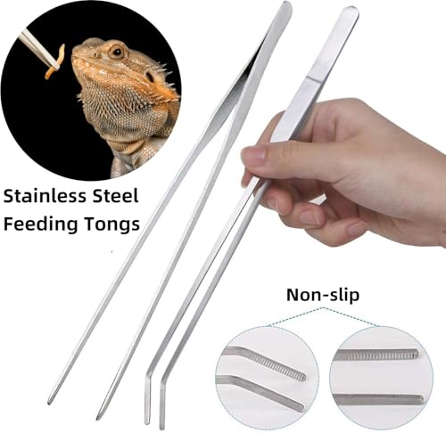 Stainless Steel Reptile Feeding Kit - Tweezers, Spoon, Clamp & Storage Bag - Long Handle Terrarium Feeding Tool for Lizards, Geckos, Spiders & Snakes