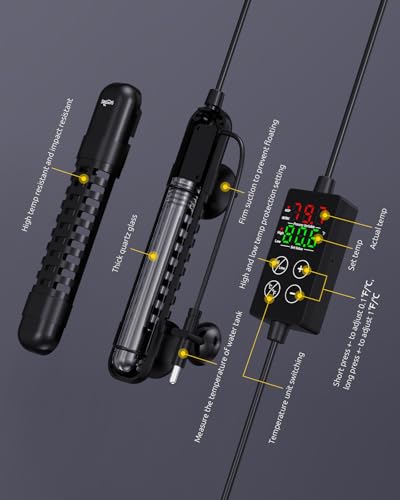 SEAOURA Small Aquarium Heater, 100W Fish Tank Heater for 10-20 Gallon, Submersible Turtle Heater with Digital Display Adjustable Safety Protection, Auto Power-Off When Leaving Water - size: Tank for 10-20 Gallon