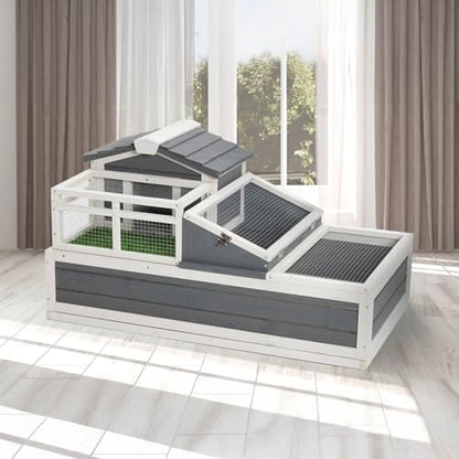 3-Room Tortoise Habitat with Balcony and 2 Stories - Large Wooden Reptile Enclosure for Turtles, Openable Roof, Ladder, Turf Mat, and Removable Tray, Grey and White