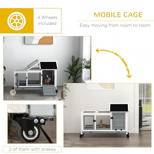 PawHut Wooden Rabbit Hutch with Wheels, Indoor Outdoor Large Bunny Hutch with Run & Slide-Out Tray for Small Animals, Rabbits, Chickens, Ducks, Guinea Pig, Gray - color: Gray