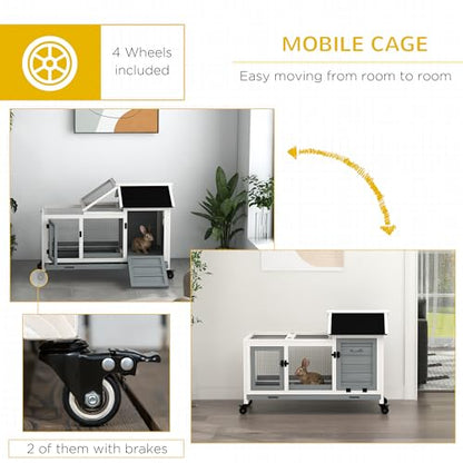 PawHut Wooden Rabbit Hutch with Wheels, Indoor Outdoor Large Bunny Hutch with Run & Slide-Out Tray for Small Animals, Rabbits, Chickens, Ducks, Guinea Pig, Gray - color: Gray
