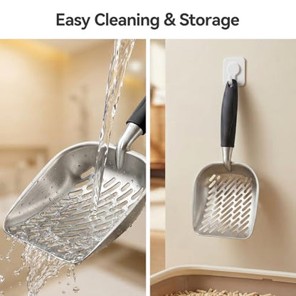 Cat Litter Scoop, Kitty Metal Scooper, Heavy Duty Aluminum Deep Sifter with Long Handle, Rustproof Durable Kitten Poop Shovel for Travel & Small Litter Box - color: Black, size: Medium