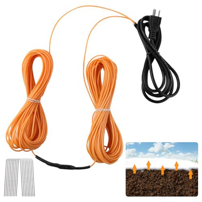 118Ft Soil Heating Cable with Thermostat, Rubber Heated Warming Cable for Seed Starting, Outdoor Greenhouse, Cold Frame & Garden Beds, Plant Root Winter Protection Kit Includes Ground Stakes