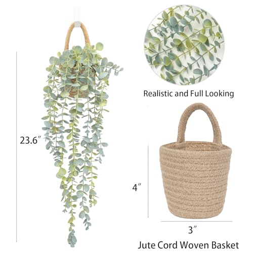 Fake Hanging Plant Decor Indoor, Eucalyptus Artificial Faux Plants in Wall Woven Planters, Jute Hanger with Black Pot Soft Green 1PCS 23Inch Long - size: Jute Hanger-1PCS