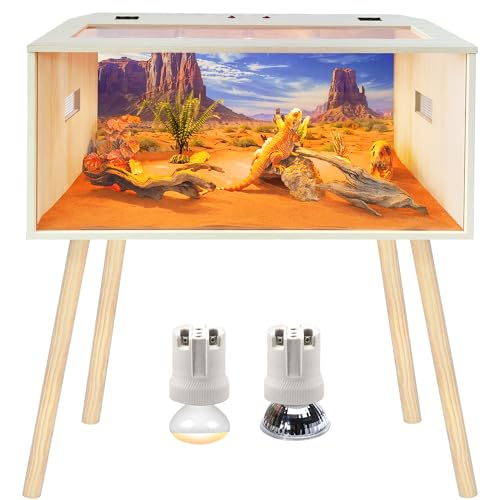 Prolee 36 Gallon Reptile Tank, Tempered Glass Bearded Dragon Tank with Wooden Roof and Lockable Doors, Large Lizard Habitat with Built-in Lamp Fixture for Snakes, Iguanas, Chameleons (Oak) - color: Oak, size: 36 gallons,32x16x16 inch