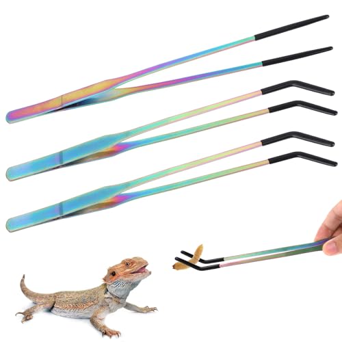 3pcs Reptile Feeding Tongs, Stainless Steel Reptile Feeding Pliers Straight & Curved Tweezers for Bearded Dragons Lizards Snakes