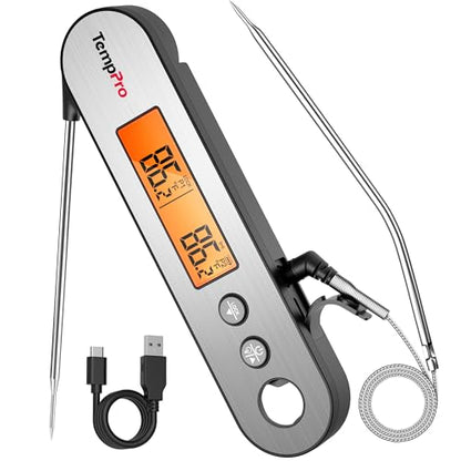 TempPro TP610 Rechargeable Instant Read Meat Thermometer with Foldable Probe & Wired Leave-In Probe, Waterproof Cooking Thermometer with Alarm & Backlit for BBQ Grill Smoker Oven(Previously ThermoPro)