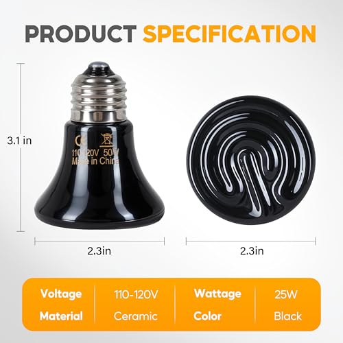 HealSmart 50W Mini Reptile Heat Lamp Ceramic Heat Emitter, No Light Emitting Heat Bulbs, Suitable for Snake/Lizard/Spider, Plant Growth and Incubating Chicken, 2-Pack - size: 50 Watts, style: D-60mm (2.36")