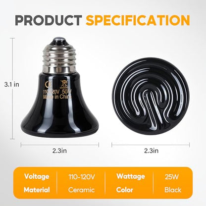 HealSmart 50W Mini Reptile Heat Lamp Ceramic Heat Emitter, No Light Emitting Heat Bulbs, Suitable for Snake/Lizard/Spider, Plant Growth and Incubating Chicken, 2-Pack - size: 50 Watts, style: D-60mm (2.36")