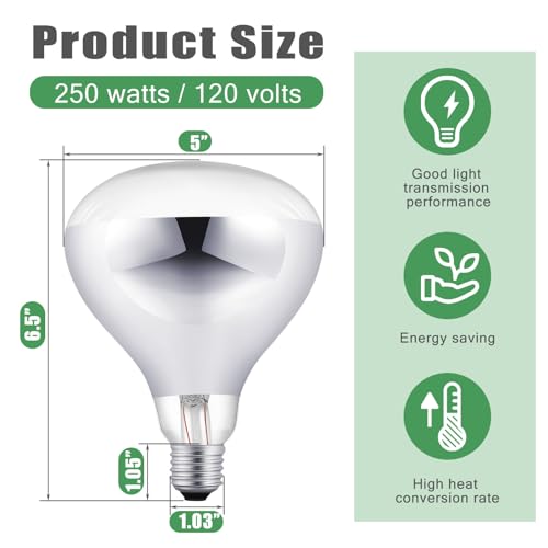 VIHOSE 6 Pack 250 Watt Heat Lamp 120v R40 Heat Lamp Bulbs Glass Incandescent Light Bulbs Incandescent Heating Lightbulbs for Reptiles Chicks Food Puppies Bathroom, Use E26 Base (Silver) - color: Silver