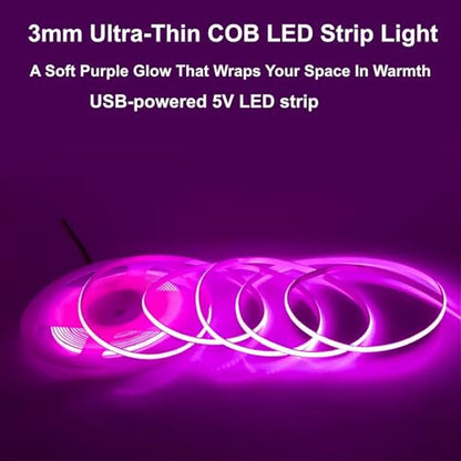 Ultra Thin 3mm 5v USB Cob Led Light Strip Gaming Desk Pc Setup Mood Lighting(Purple, 2ft) - color: Purple, size: 2ft