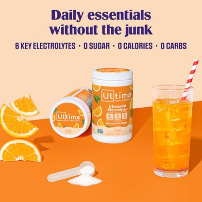 Ultima Replenisher Daily Electrolyte Powder Drink Mix, 90-Serving Canister | Zero Sugar Orange Hydration Powder with 6 Electrolytes & Minerals - Sugar Free, Plant-Based & Keto Friendly