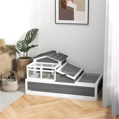 Wooden Turtle House, Small Animal Cage, Small Animal House, Pet Supplies, Mesh Roof, Three Separate Areas, Two Levels, Indoor/Outdoor Use, Openable Roof, Pull-Out Tray, Gray