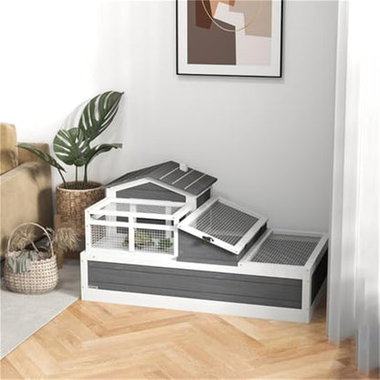 Wooden Turtle House, Small Animal Cage, Small Animal House, Pet Supplies, Mesh Roof, Three Separate Areas, Two Levels, Indoor/Outdoor Use, Openable Roof, Pull-Out Tray, Gray