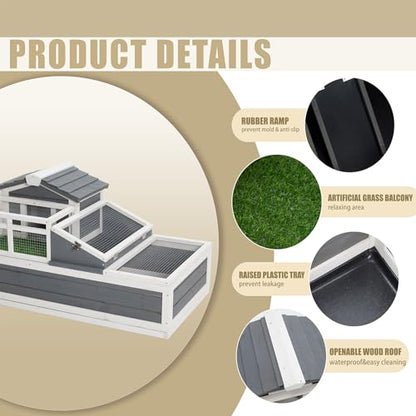 3-Room Tortoise House Habitat with Balcony & 2 Stories, Wooden Tortoise Enclosure Indoor & Outdoor with Ramp, Openable Roof, Shelf Storage for Small Animals, 44.1" x 25.6" x 23.2"