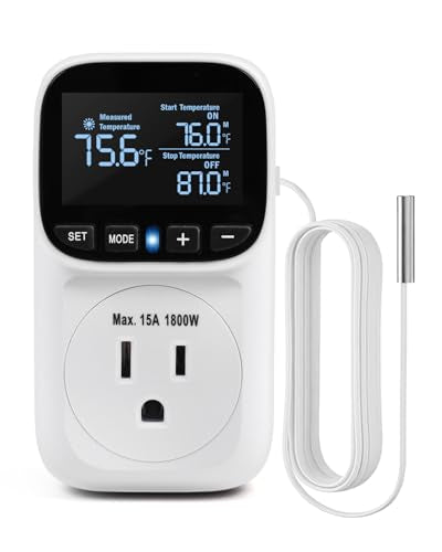 Digital Temperature Controller, Heating & Cooling Thermostat Plug Outlet, –40°F~210°F, 15A 1800W, LCD Display, Temperature Controlled Outlet for Home, Greenhouse, Chicken Coop, Reptile - style: White