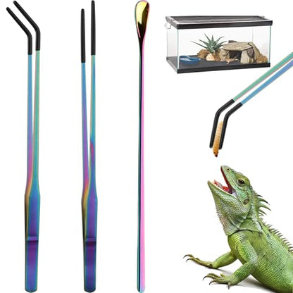 3PCS 10.6" Straight & Curved Reptile Feeding Tongs Set with Spoon | Soft Rubber Tips,Appropriate Length,Stainless Steel,Terrarium & Aquarium Essential Feeding Tools