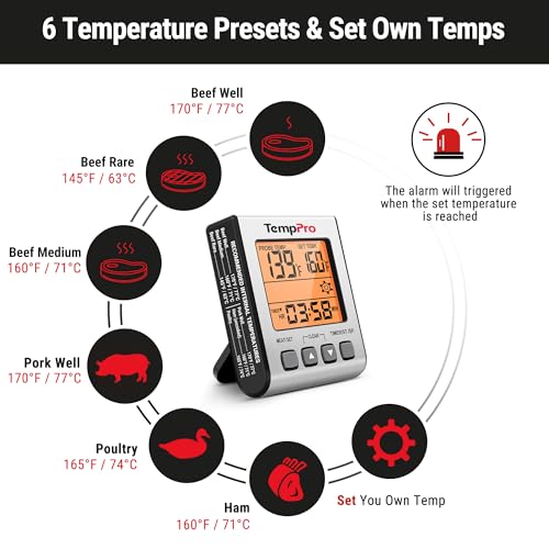 TempPro Digital Meat Thermometer for Cooking and Grilling, BBQ Food Thermometer with Backlight and Kitchen Timer, Grill Temperature Probe Thermometer for Smoker, Oven, Baking,Oil(Previously ThermoPro) - color: Light Silver