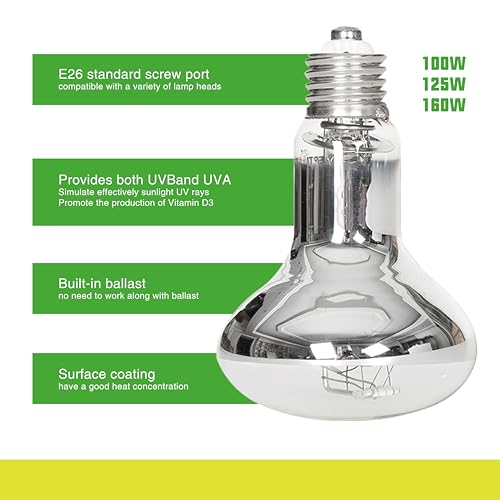 100W Heat UVA UVB Reptile Light, Full Spectrum Self-Ballasted Vapor Basking Sunlight Bulb for Reptile and Amphibian Use E26 1 Pack - size: 100